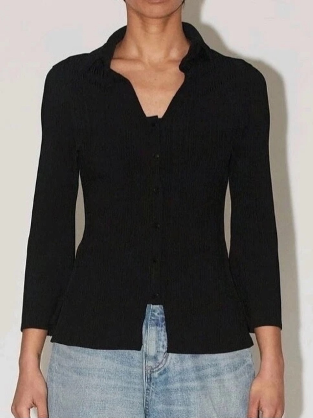 Uncle Studios Black Ribbed Button-Front Women’s Top
